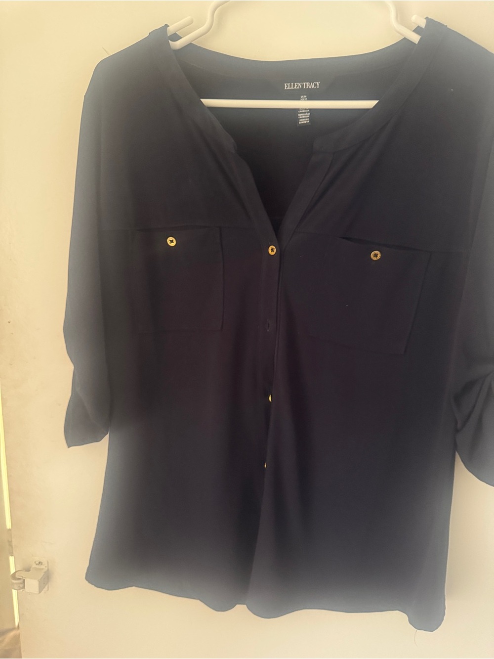Ellen Tracy Navy Gold-Button Button-Down Blouse